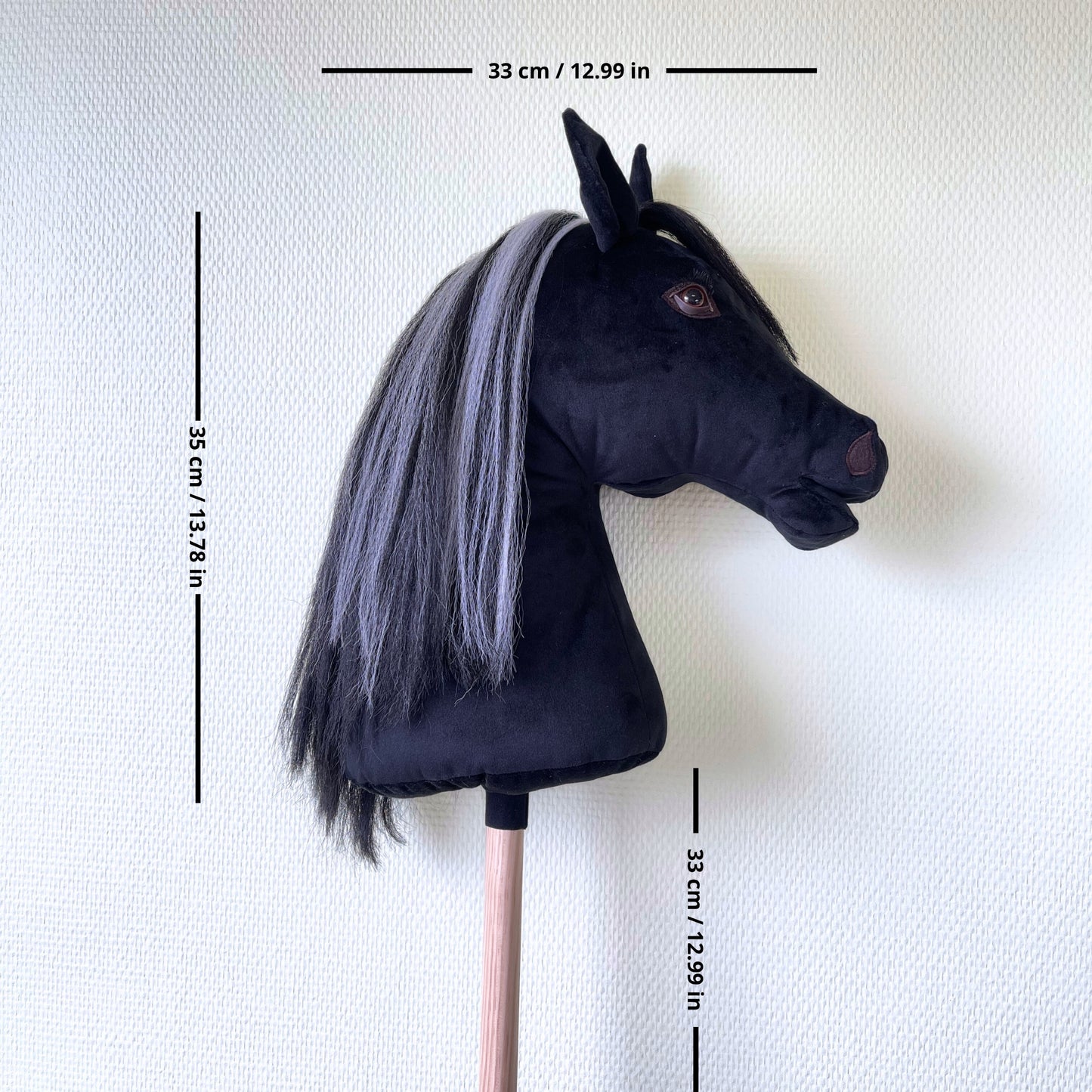 Black hobby horse dimensions — 35 cm long, 33 cm wide, 33 cm stick