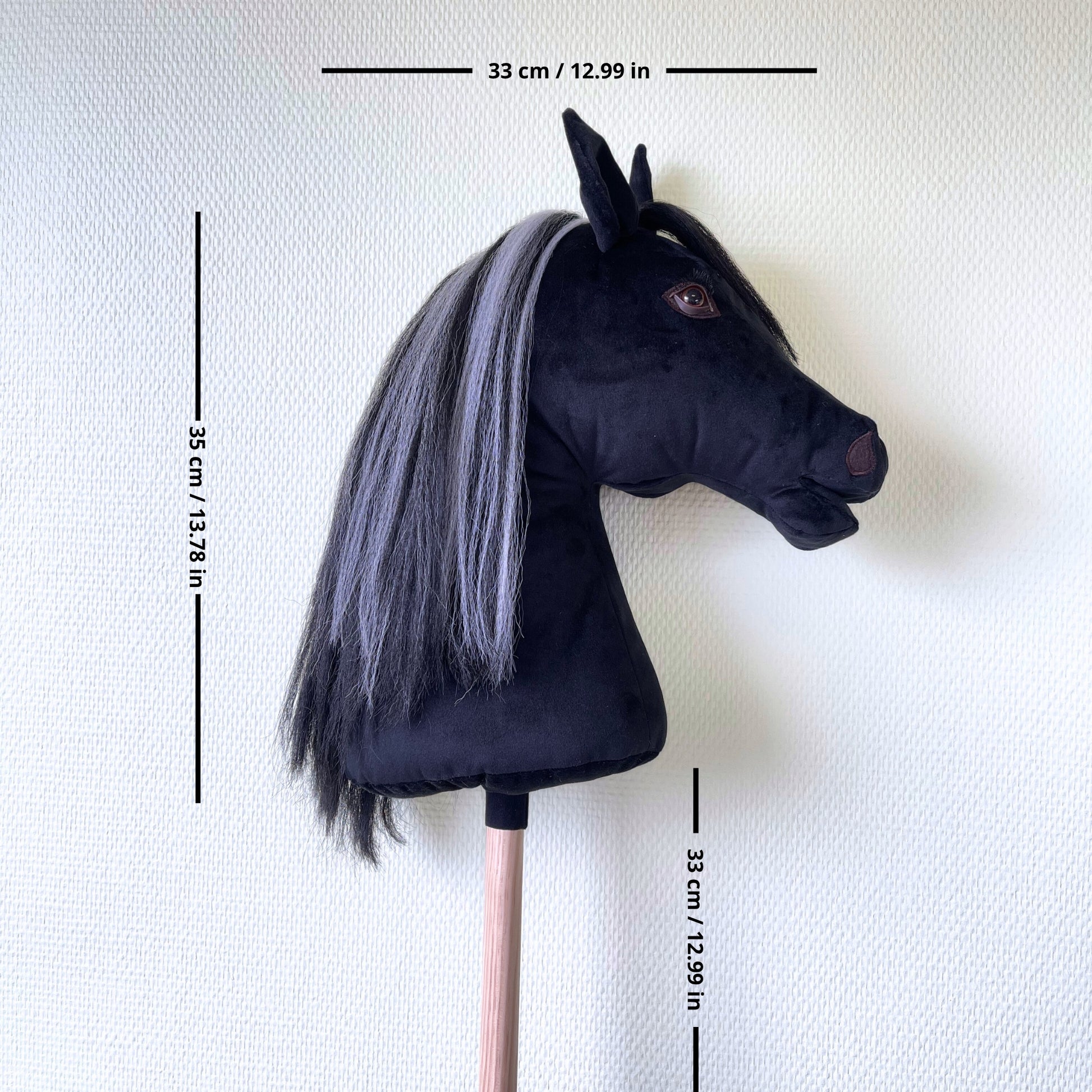 Black hobby horse dimensions — 35 cm long, 33 cm wide, 33 cm stick