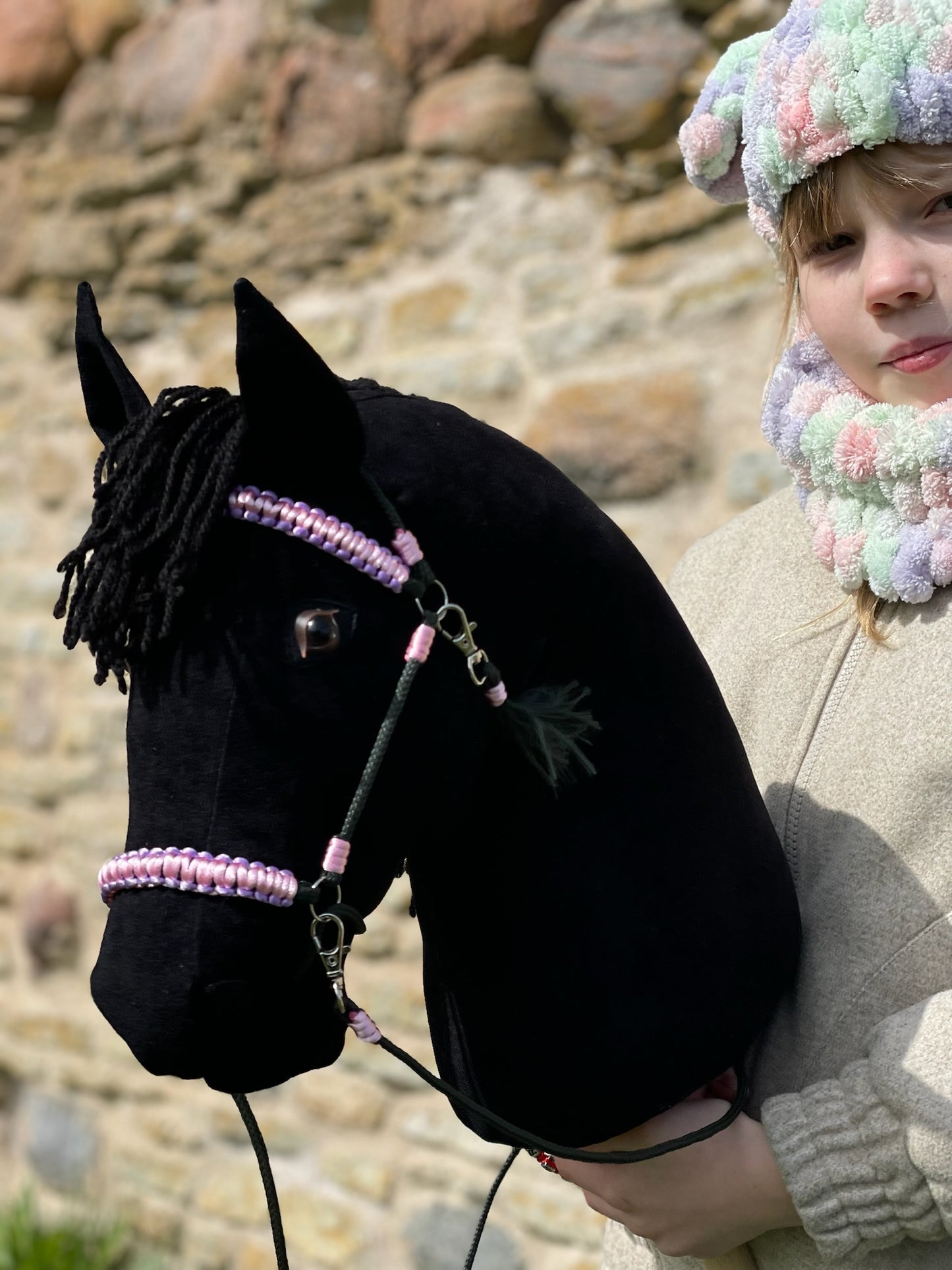 Custom black hobby horse with bridle, perfect stick horse gift for kids. Handmade horse toy and pony on a stick, great for horse lovers. Fun equestrian toy and riding toy for kids, galloping horse design.