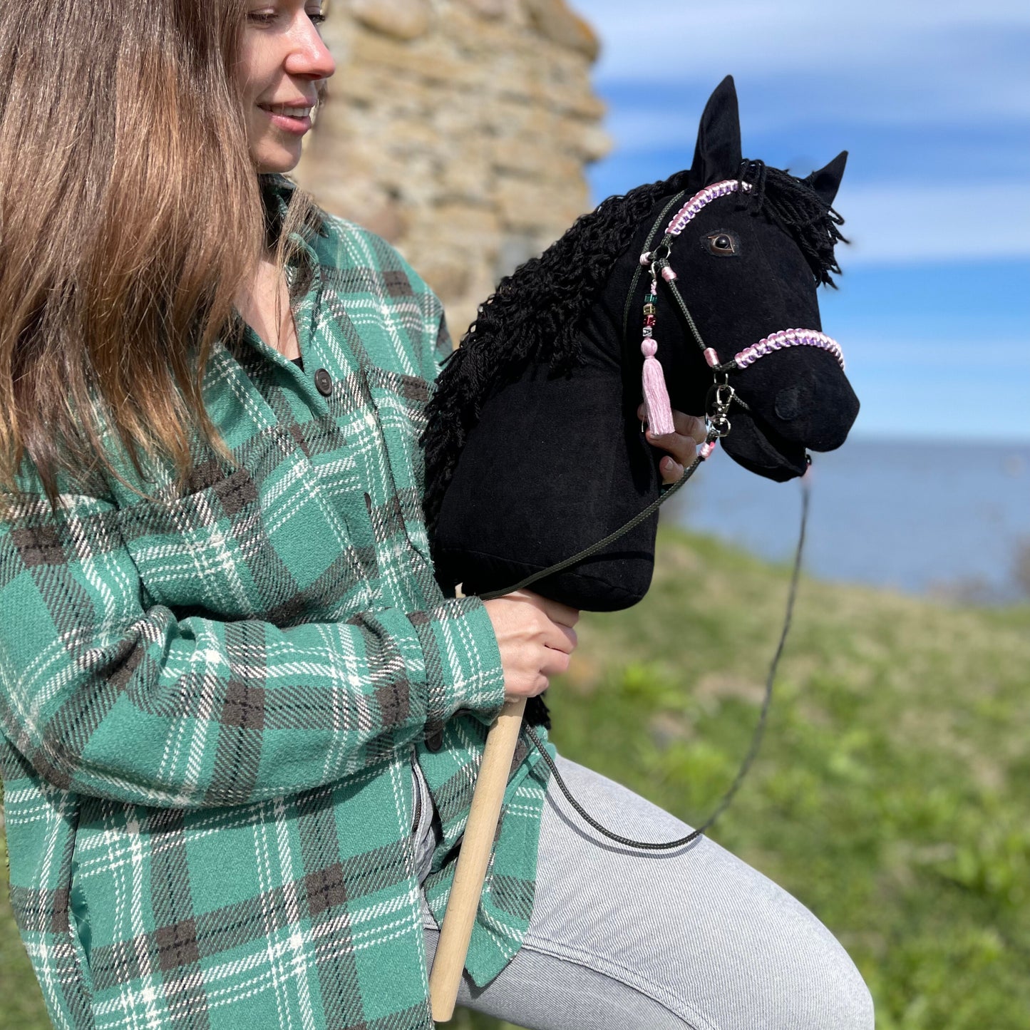 Realistic handmade hobby horse on a stick, designed for hobby horsing enthusiasts and active riders. Ideal for training, competitions, and freestyle routines — a perfect choice for dedicated stick horse athletes.
