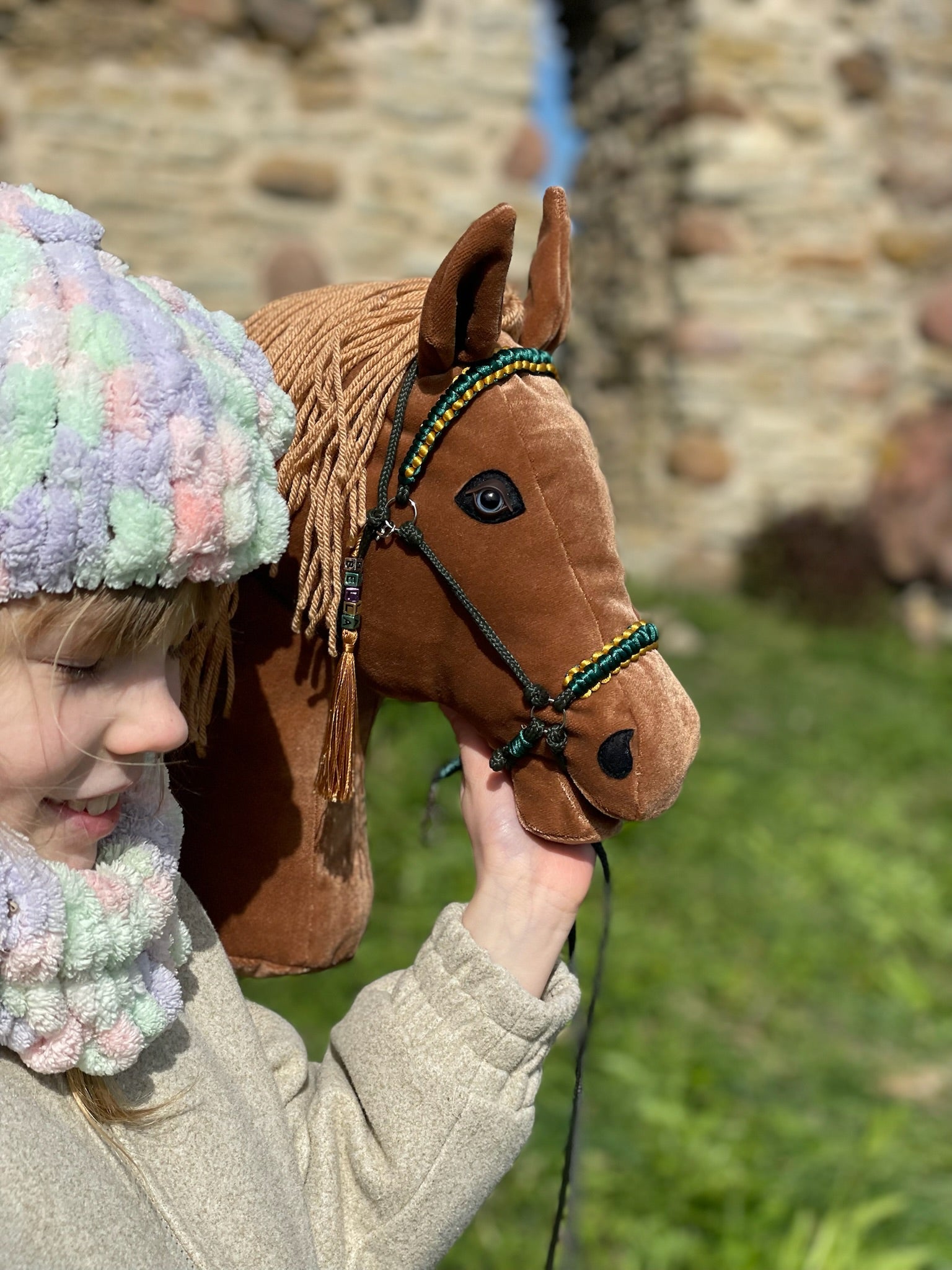 Soft fabric hobby horse with caramel mane and personalized pendant