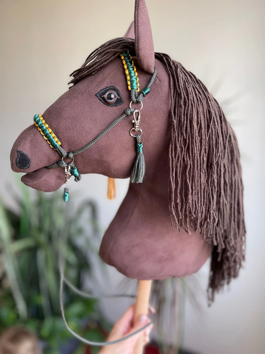 Handmade dark brown hobby horse with bridle, custom name option, perfect stick horse and pony on a stick for kids. A unique riding toy for kids, ideal horse lover gift and equestrian toy. Galloping horse-inspired handmade horse toy, fun kids horse toy and memorable horse toy gift.
