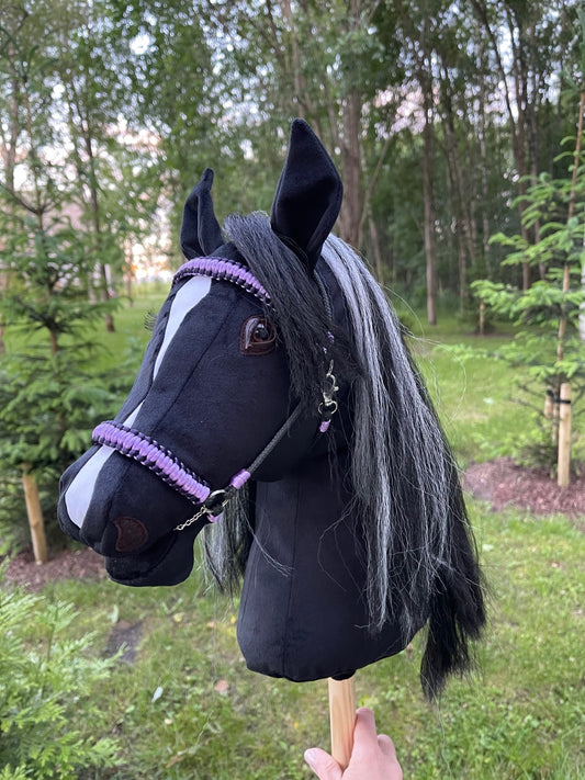 Black horse on a stick with purple reins and name accessory