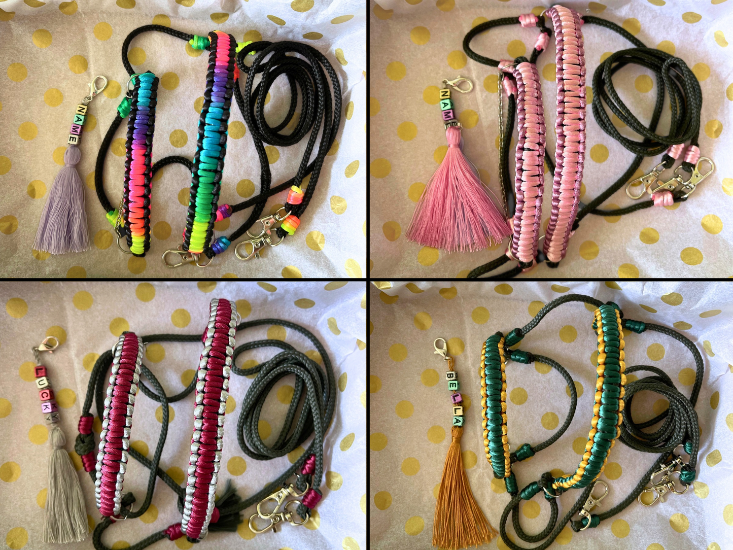 Handmade hobby horse accessories set in 4 colors – pink, rainbow, burgundy, and green bridles with reins and name tag tassels, laid out for selection.