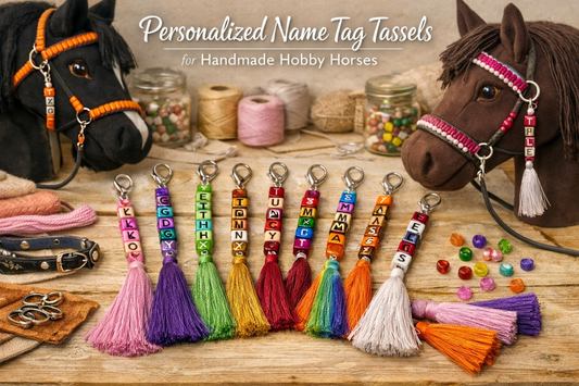 Personalized name tag tassels with colorful beads for handmade hobby horses, displayed with custom accessories in a cozy workshop setting