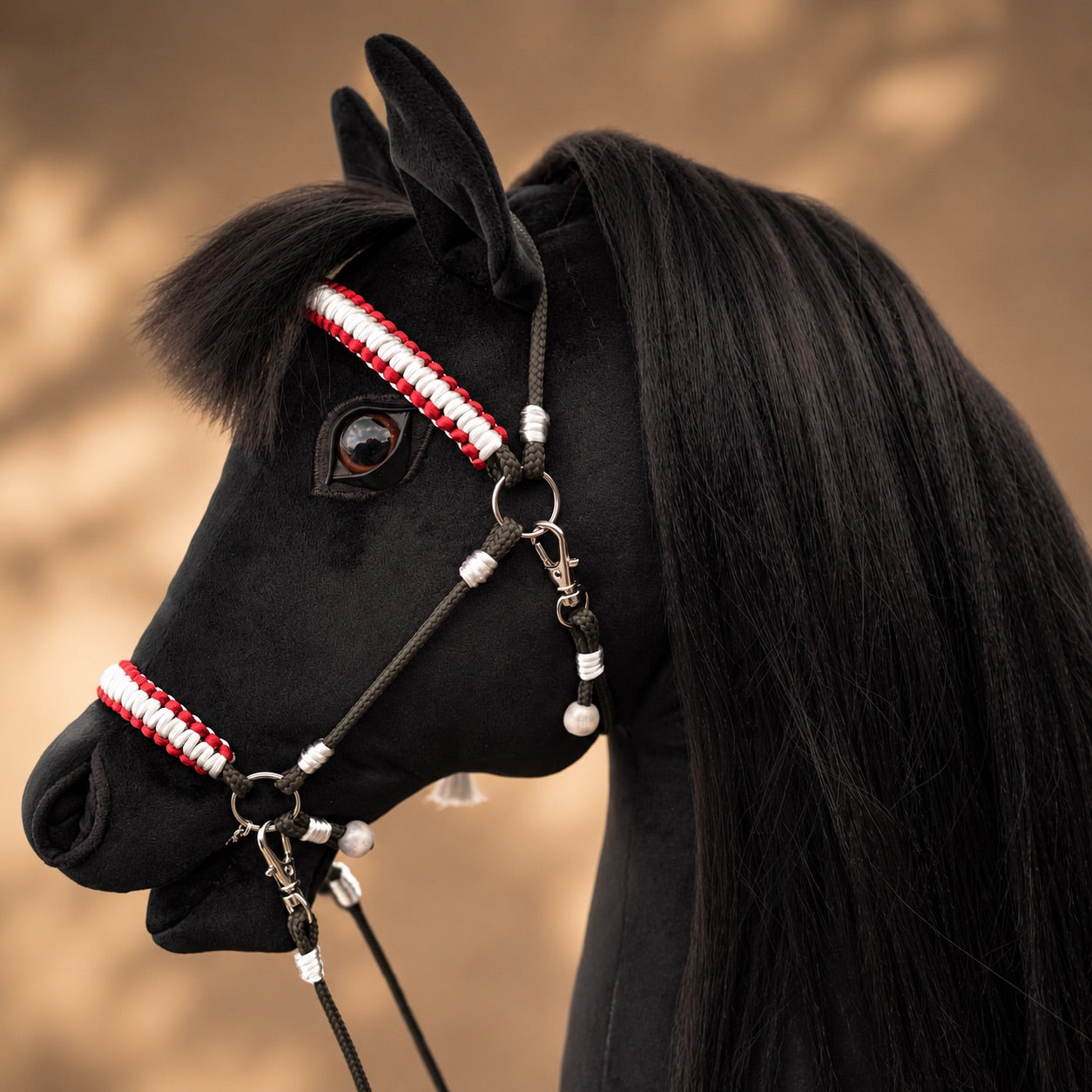 Black hobby horse with realistic hair mane and silver burgundy bridle – handmade stick horse