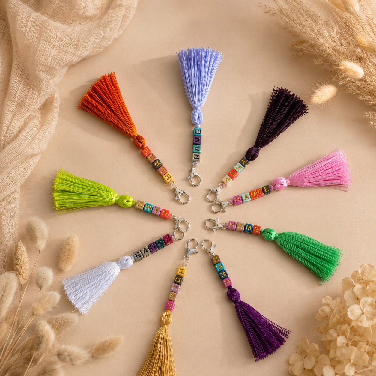 Colorful personalized tassel charms for hobby horses – custom name tags in multiple colors