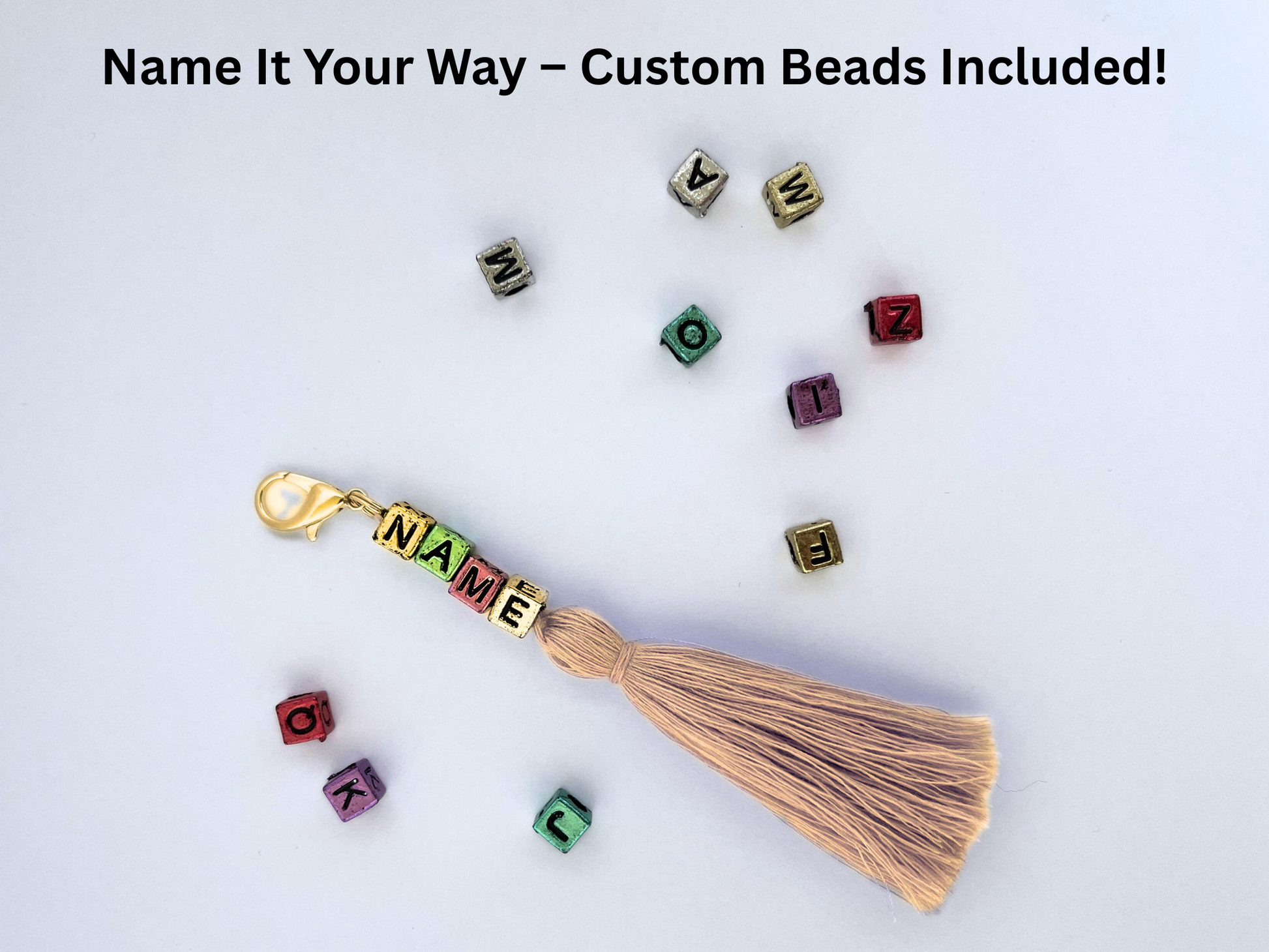 Custom name tassel with letter beads for Bella stick horse, personalization option shown