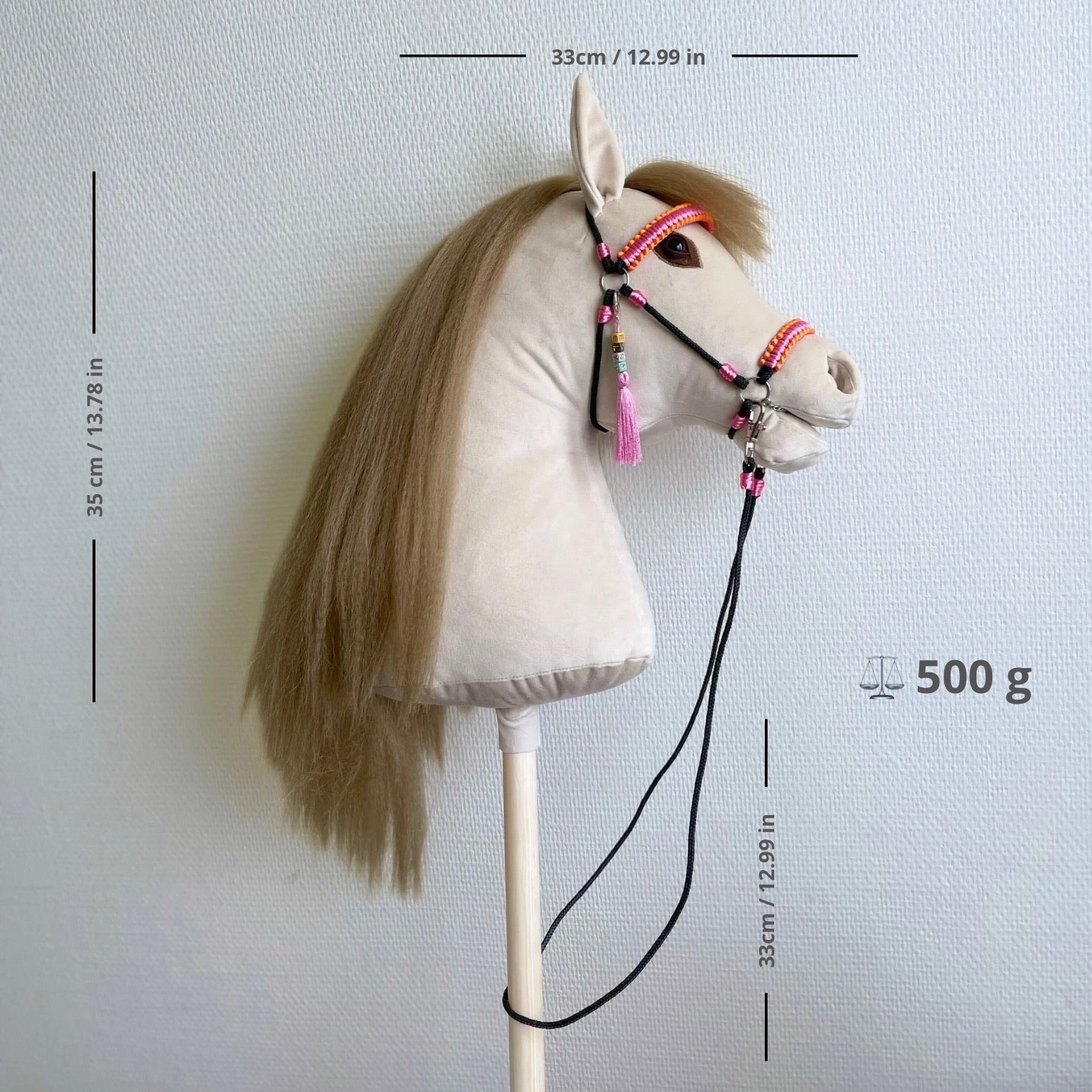 Handmade beige hobby horse with realistic faux hair mane, showing size details: 35 cm height, 33 cm length, weight 500 g.
