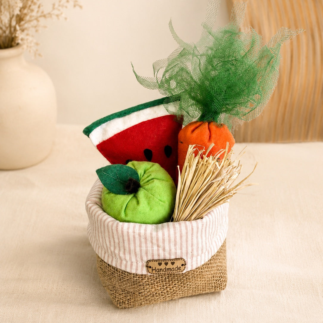 Handmade hobby horse feeding set with toy apple, carrot, hay, watermelon, and storage basket