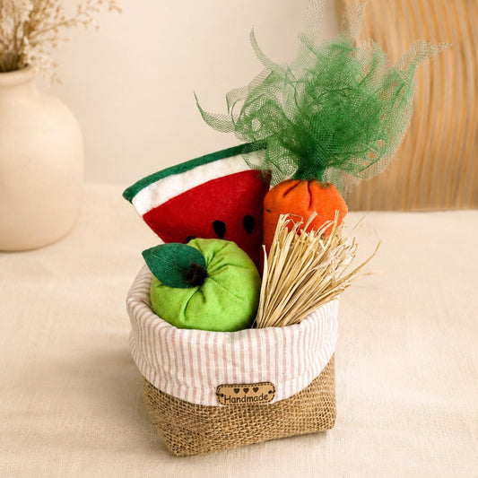Handmade hobby horse feeding set with toy apple, carrot, hay, watermelon, and storage basket