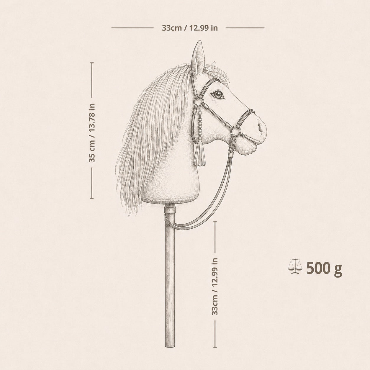 Hobby horse size guide – lightweight realistic stick horse approx 63–65 cm and under 500 g