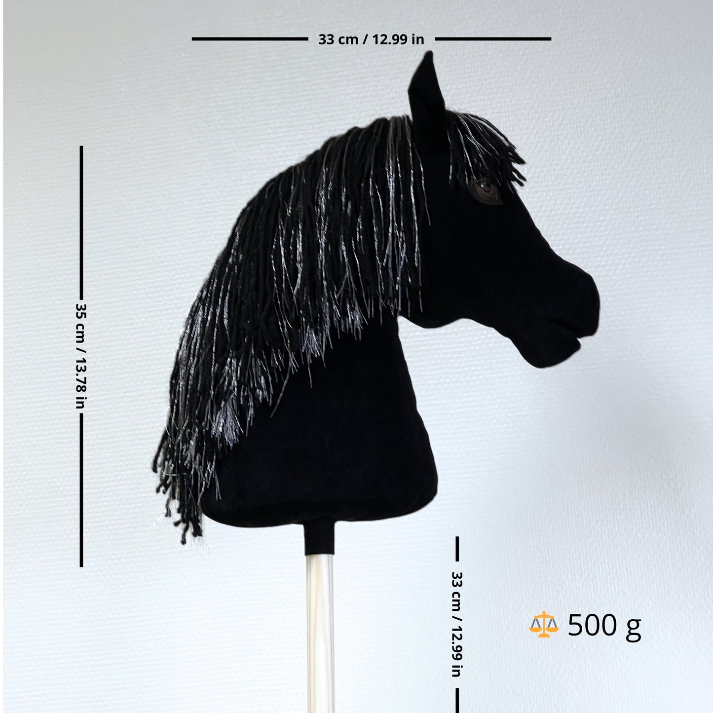 Hobby horse Silvermoon size chart – 63–65 cm stick horse with black head and silver mane.