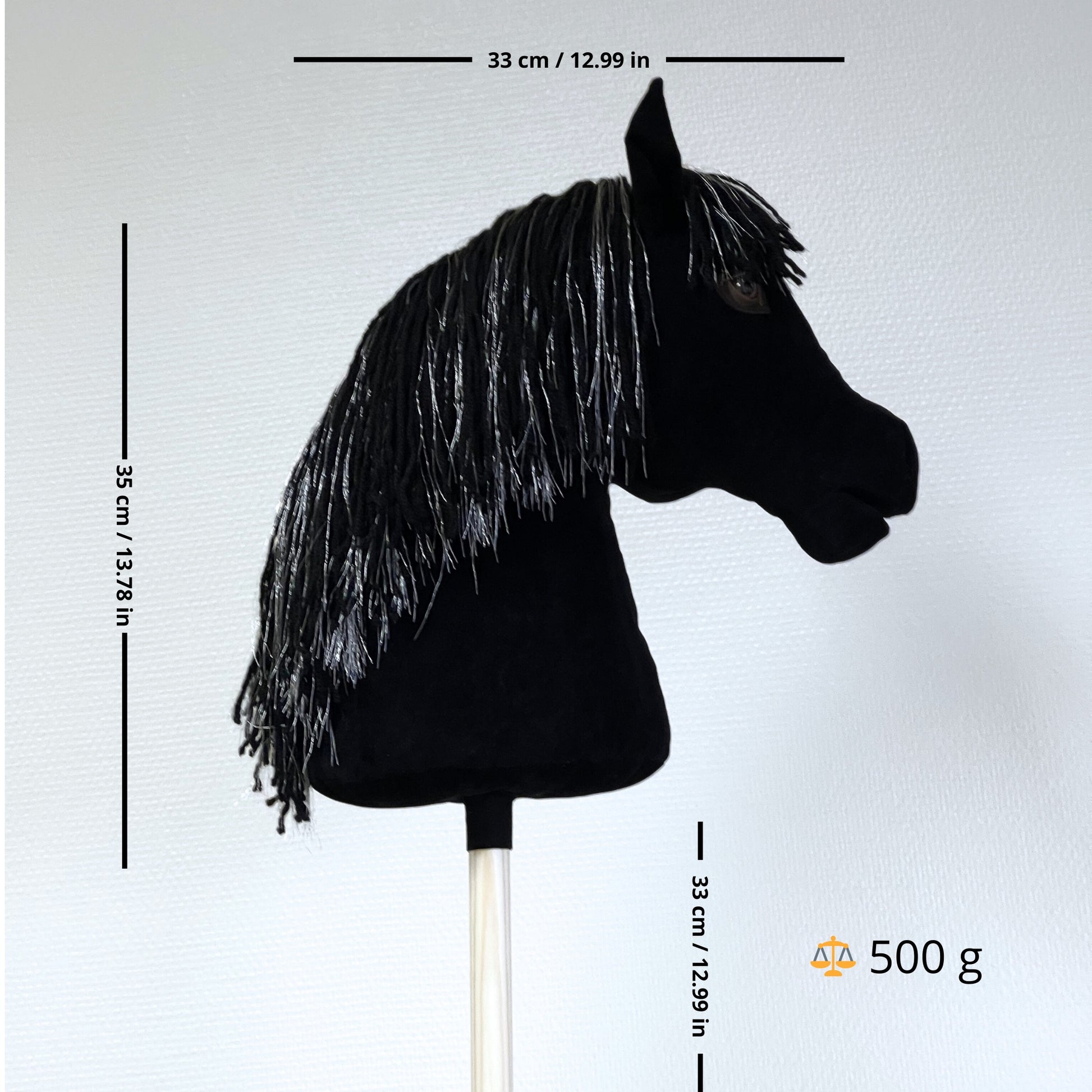 Hobby horse Silvermoon size chart – 63–65 cm stick horse with black head and silver mane.