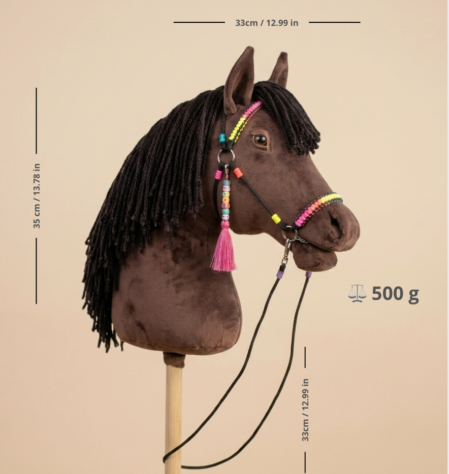 Hobby horse size and weight guide – lightweight stick horse approx 63–65 cm and under 500 g