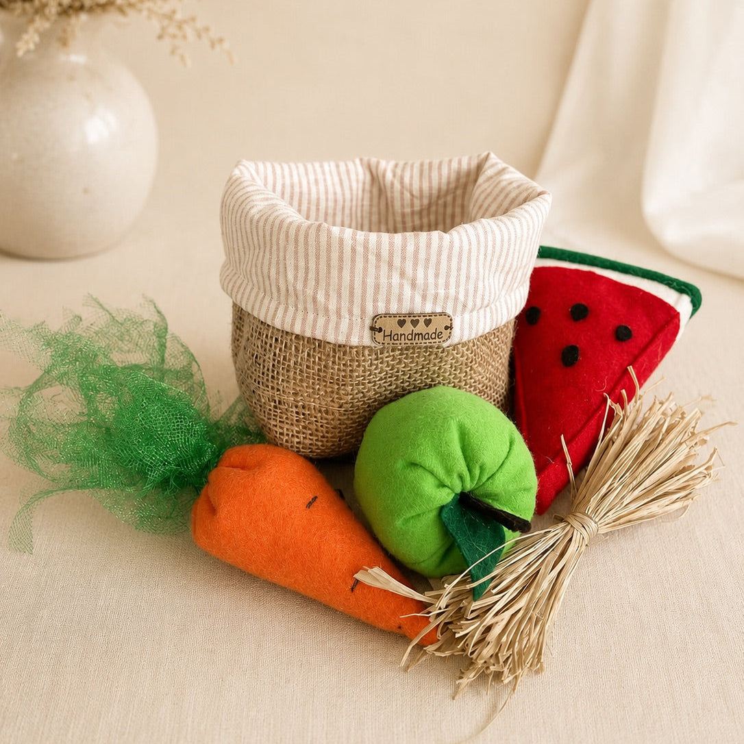 Hobby horse toy food set including handmade carrot, apple, hay, watermelon, and fabric basket