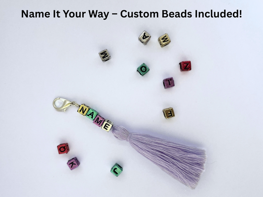 Lavender personalized name tag with tassel for hobby horse – handmade stick horse accessory