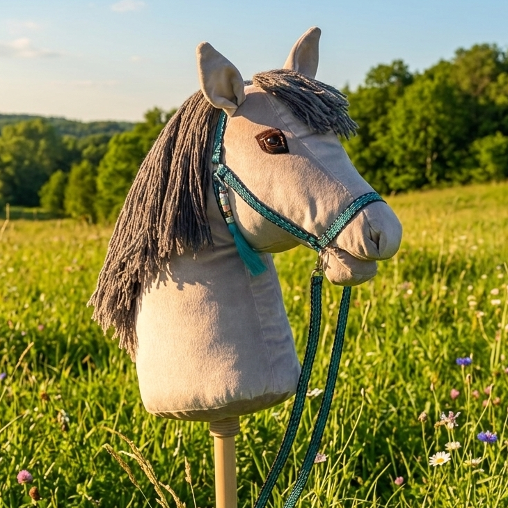 Light grey handmade hobby horse with a dark grey yarn mane, featuring a blue bridle and reins with a matching personalized tassel name tag, photographed on a green meadow with lush grass in a natural outdoor setting
