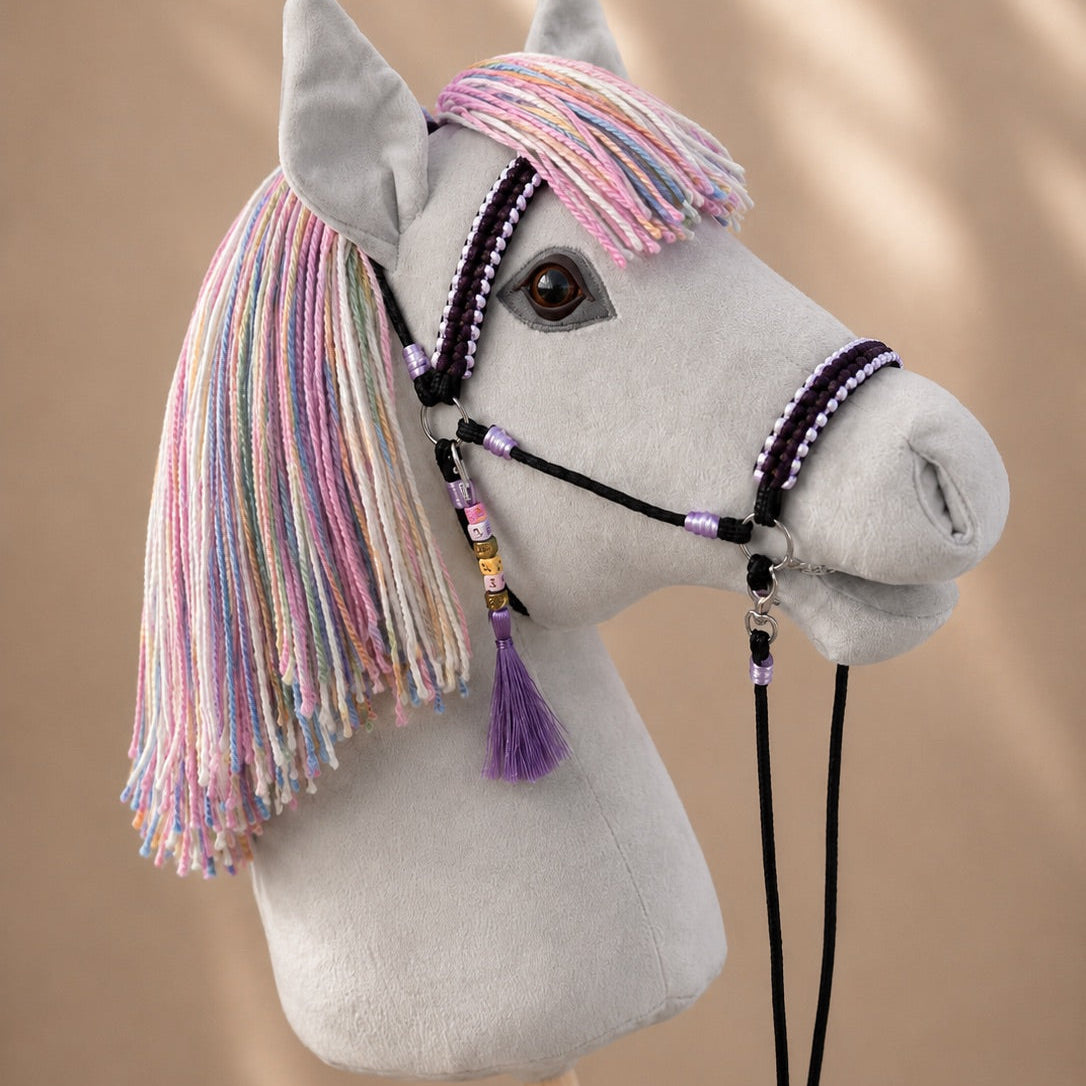 Pastel rainbow mane hobby horse with realistic details and handmade accessories