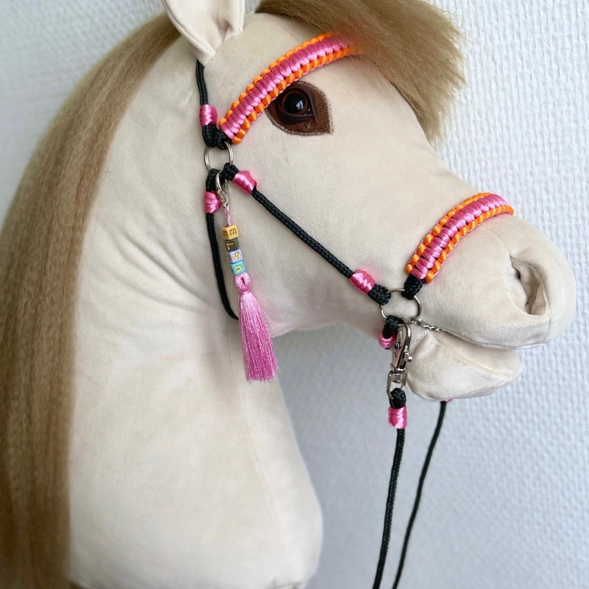Personalized hobby horse name tag attached to bridle – custom handmade horse accessory