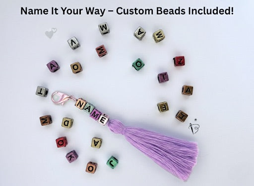 Pink personalized tassel name tag with letter beads for hobby horse bridle – custom handmade accessory.