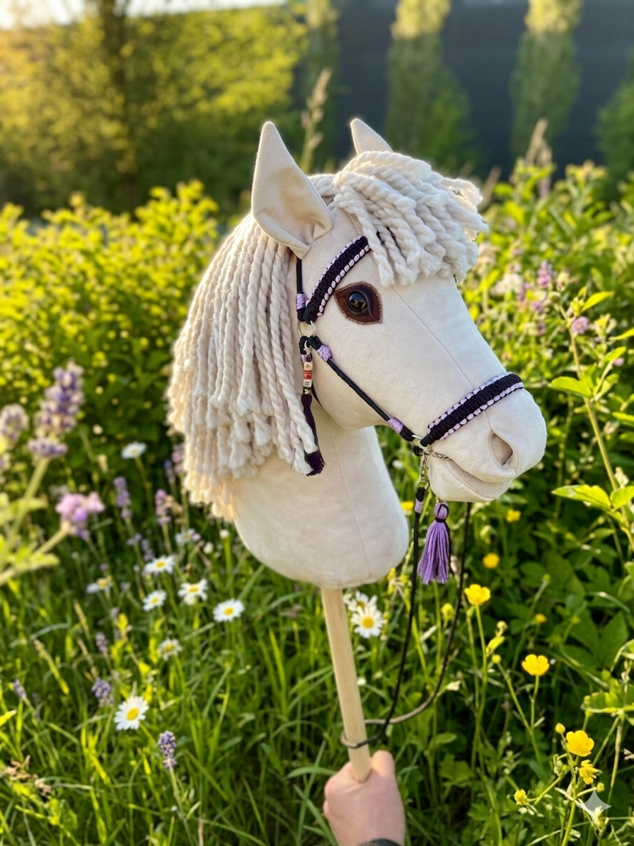 Premium handmade hobby horse in light sandy beige with a thick yarn mane in dreadlock style, featuring a brown and lilac bridle and a personalized name tag with tassel, photographed outdoors in a sunny summer meadow with grass and wildflowers