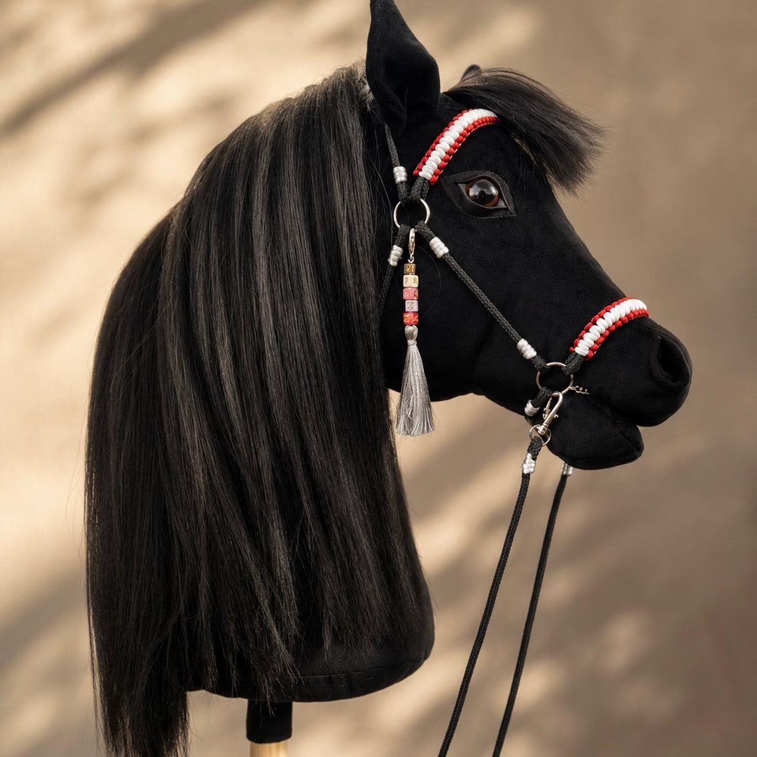 Realistic black handmade hobby horse Raven with premium hair mane and handcrafted bridle