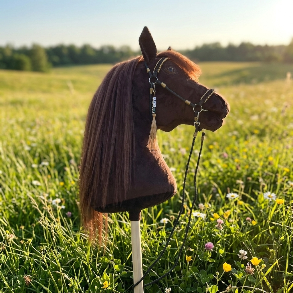Side view of a realistic dark brown handmade hobby horse with a white blaze and lifelike artificial hair mane, featuring a dark brown bridle and reins with gold accents and a personalized tassel name tag, photographed outdoors on a green meadow in a natural summer setting