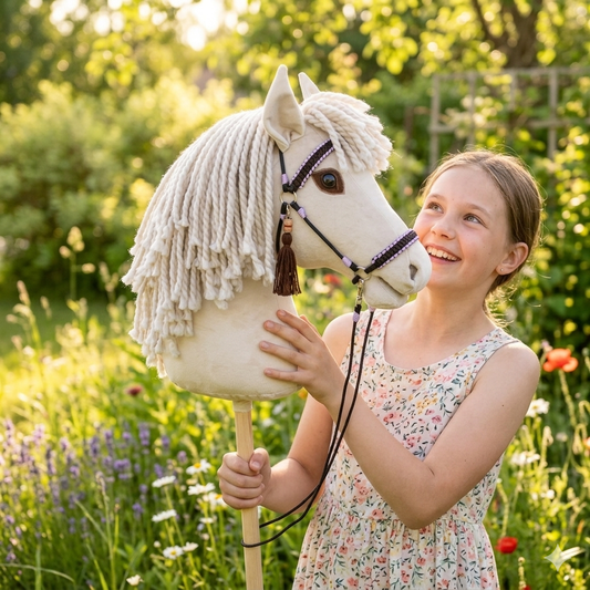Smiling girl holding a premium handmade hobby horse in light sandy beige with a thick yarn dreadlock-style mane, featuring a brown and lilac bridle with a personalized name tag, capturing a joyful moment outdoors in a sunny summer setting