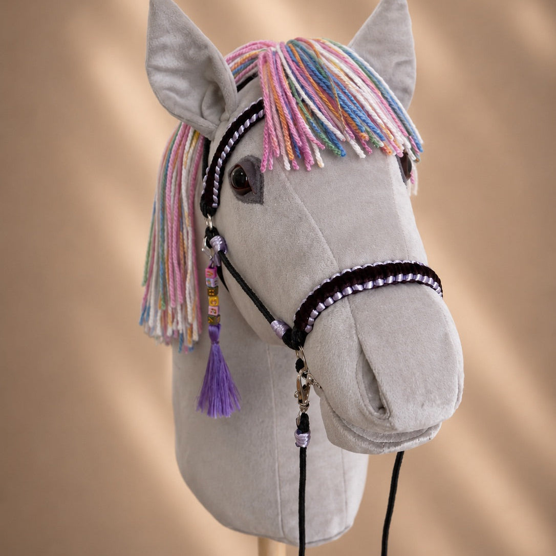 Front view of light grey hobby horse with rainbow mane and handcrafted bridle