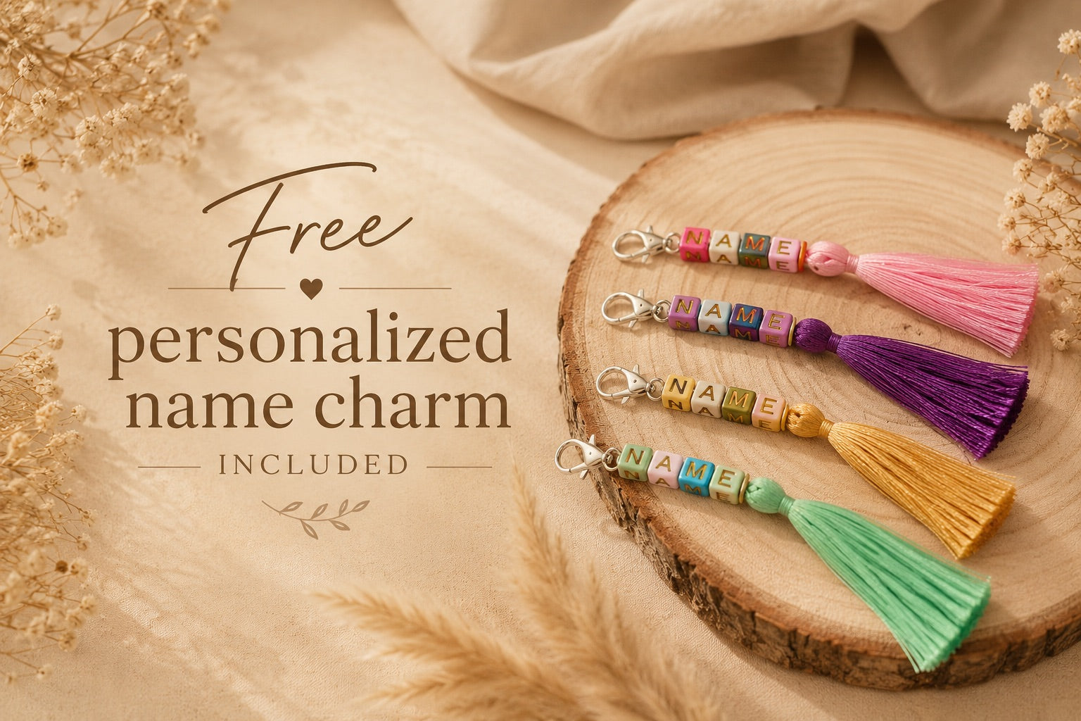 Infographic featuring personalized hobby horse name tags with tassels in different colors, showing custom name personalization options and free personalized name tag included with every handmade hobby horse order
