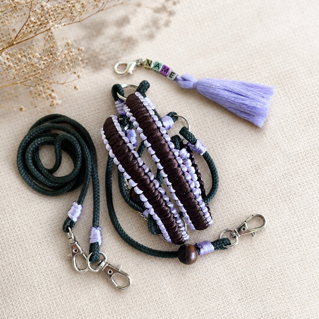 Handmade lavender hobby horse bridle set with reins and personalized tassel name tag